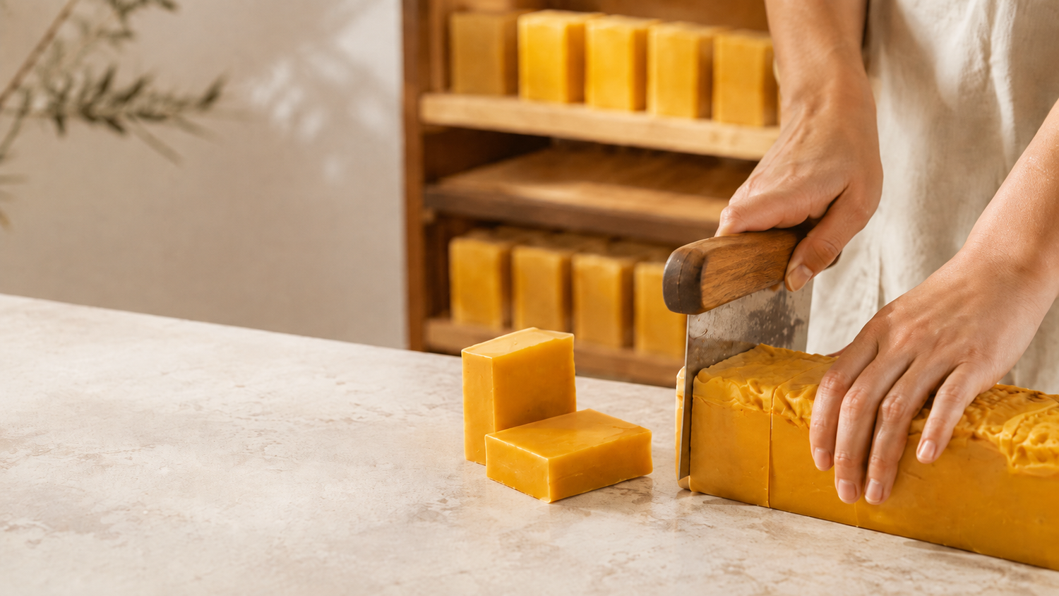 Haldayne turmeric soap being cut by hand with curing bars on wooden shelves in the background.