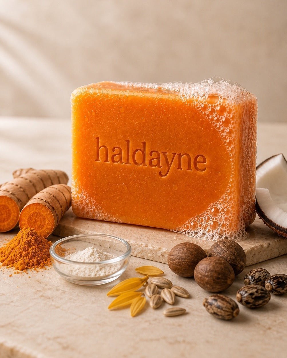 Haldayne turmeric and 1% kojic acid Glow Bar with turmeric, coconut, shea, sunflower and castor ingredients